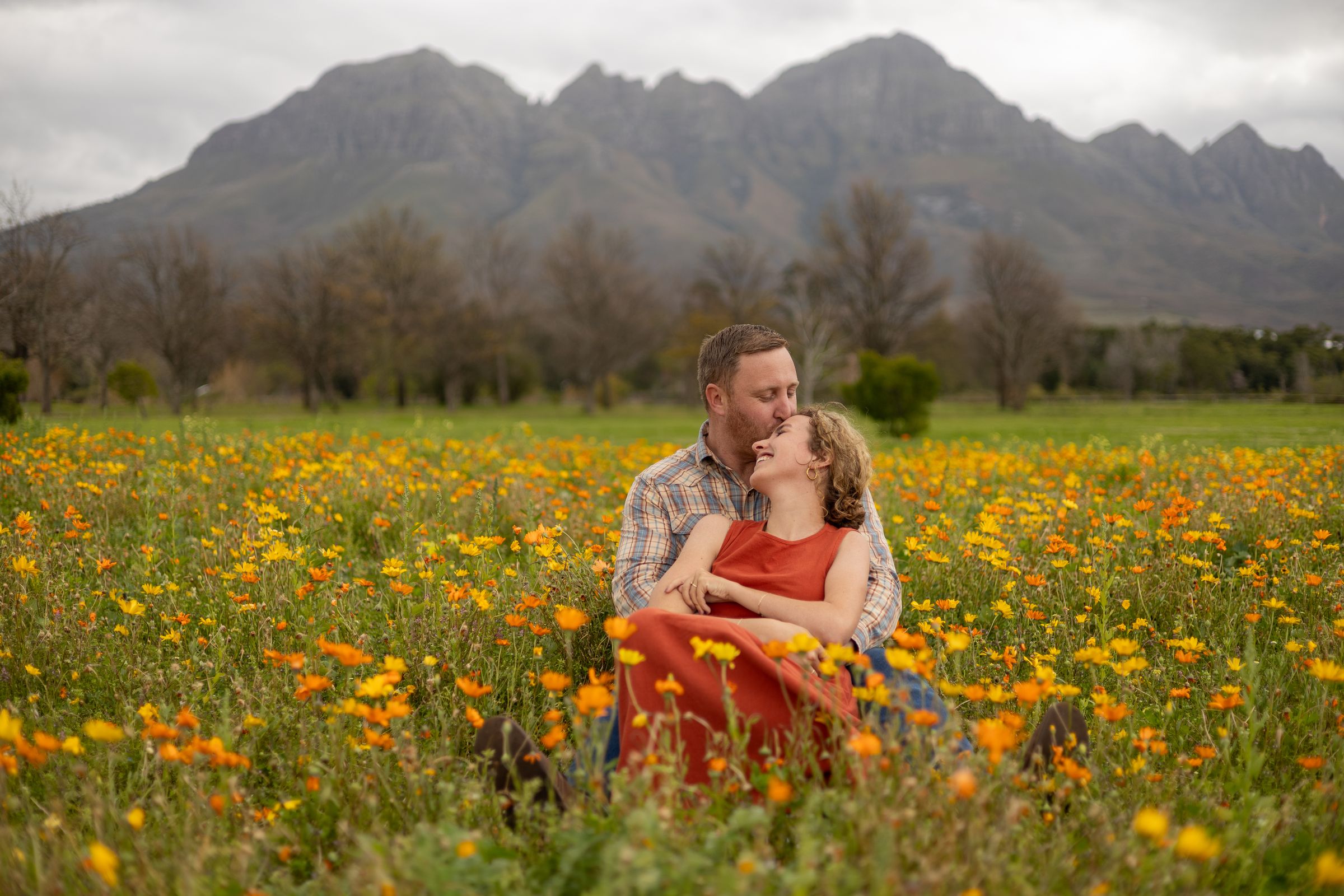A couple sitting together in a field of orange and yellow wildflowers beneath the Winelands mountains